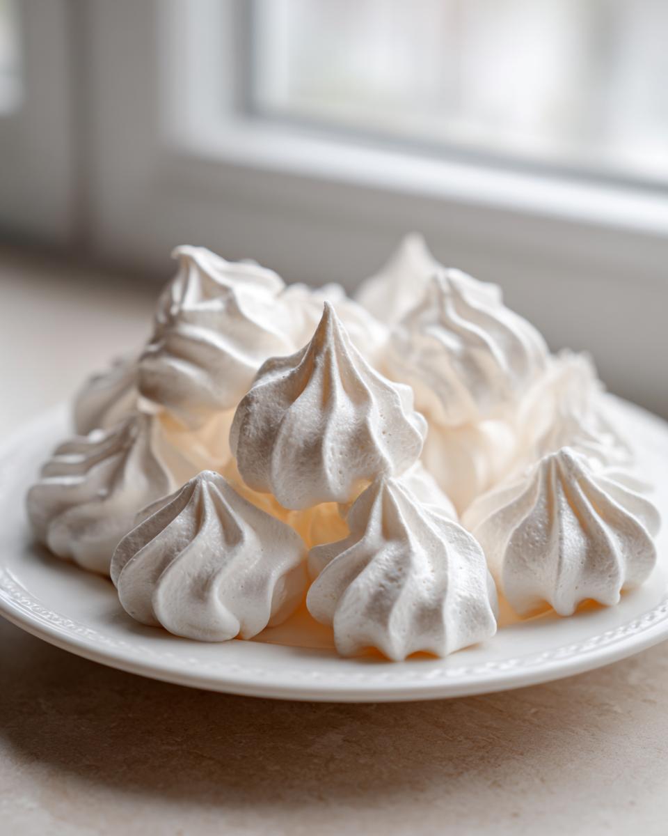 A close-up of several perfectly piped, crisp white meringue cookies stacked on a white plate near a bright window.