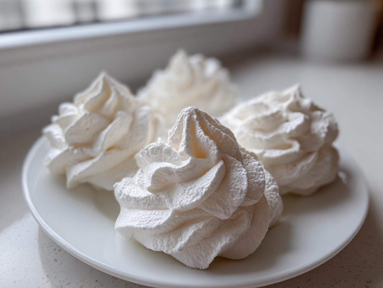 Four perfectly piped, bright white meringue cookies arranged on a small white plate.