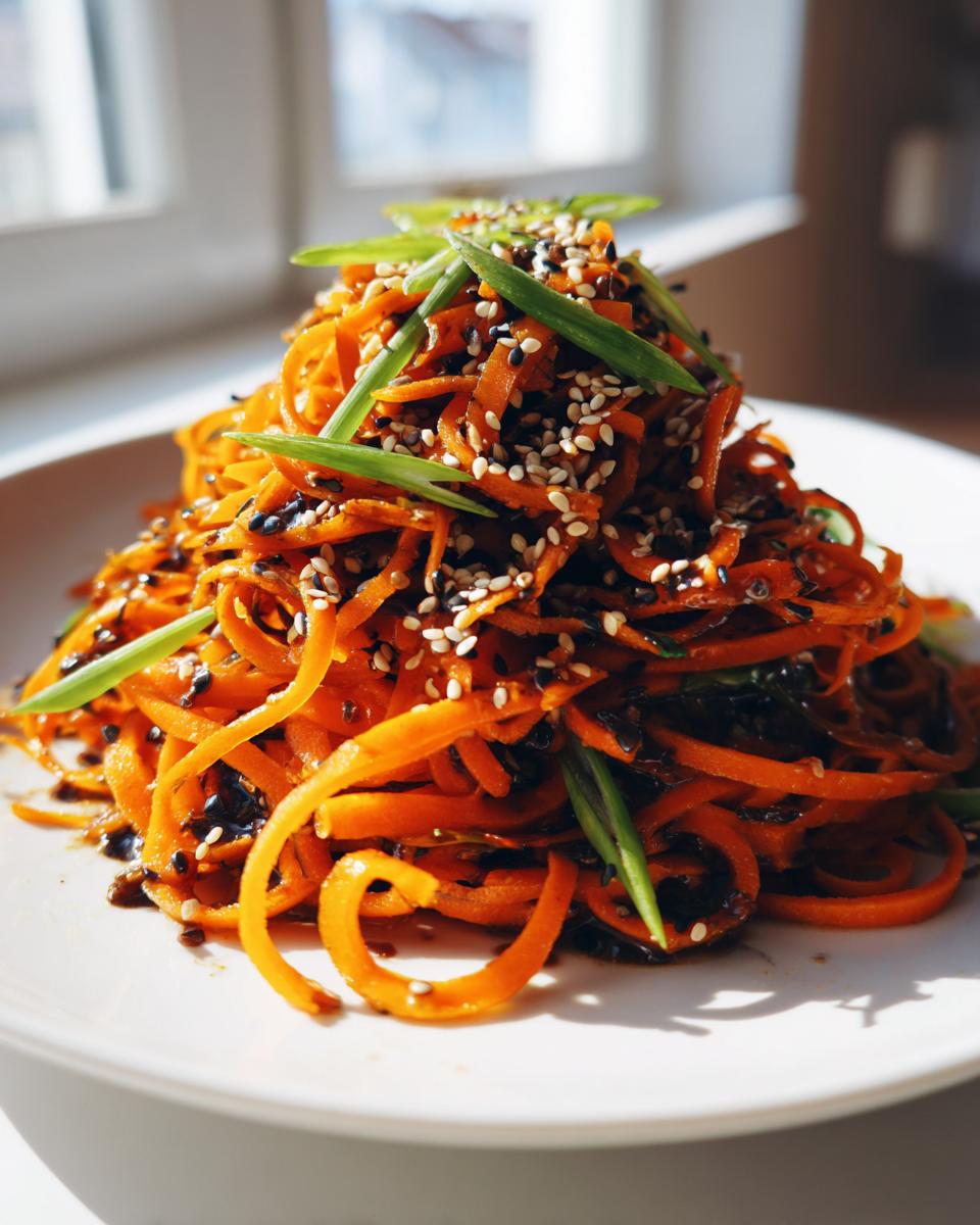 A vibrant mound of spiralized raw carrot salad tossed in a dark dressing, topped with white and black sesame seeds and fresh green scallions.