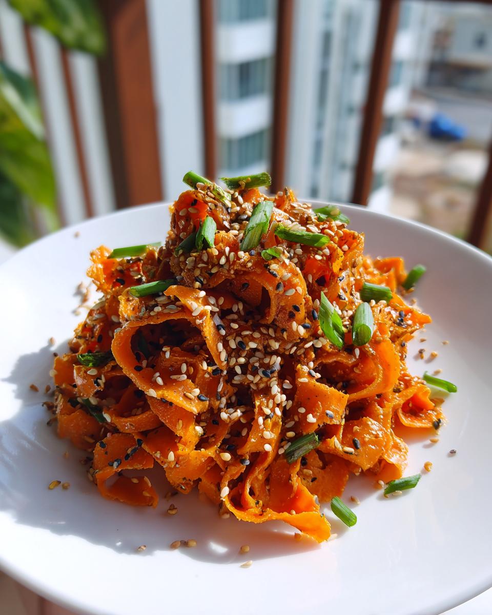 Close-up of a vibrant raw carrot salad made with shaved carrots, topped generously with sesame seeds and chopped green onions.
