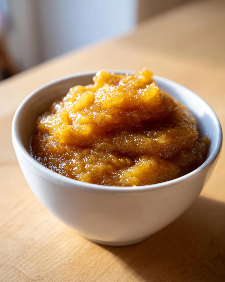A close-up of thick, golden-brown homemade applesauce served in a small white bowl.