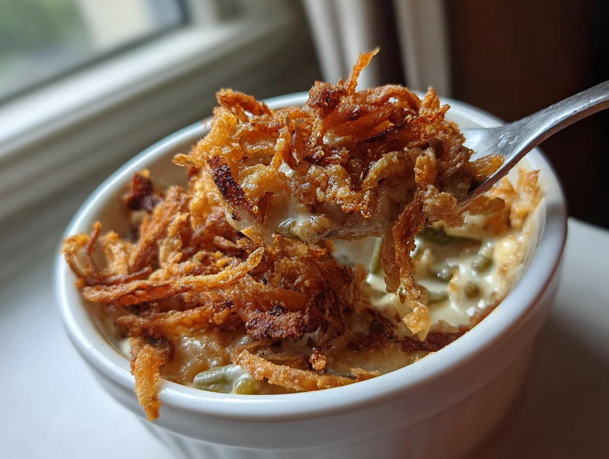 A spoonful of creamy green bean casserole topped with crispy fried onions being lifted from a white ramekin.