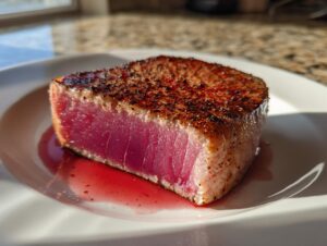 Close-up of a perfectly seared tuna steak, rare in the center, resting in its juices, showcasing the results of a great MARINADE FOR TUNA STEAK.