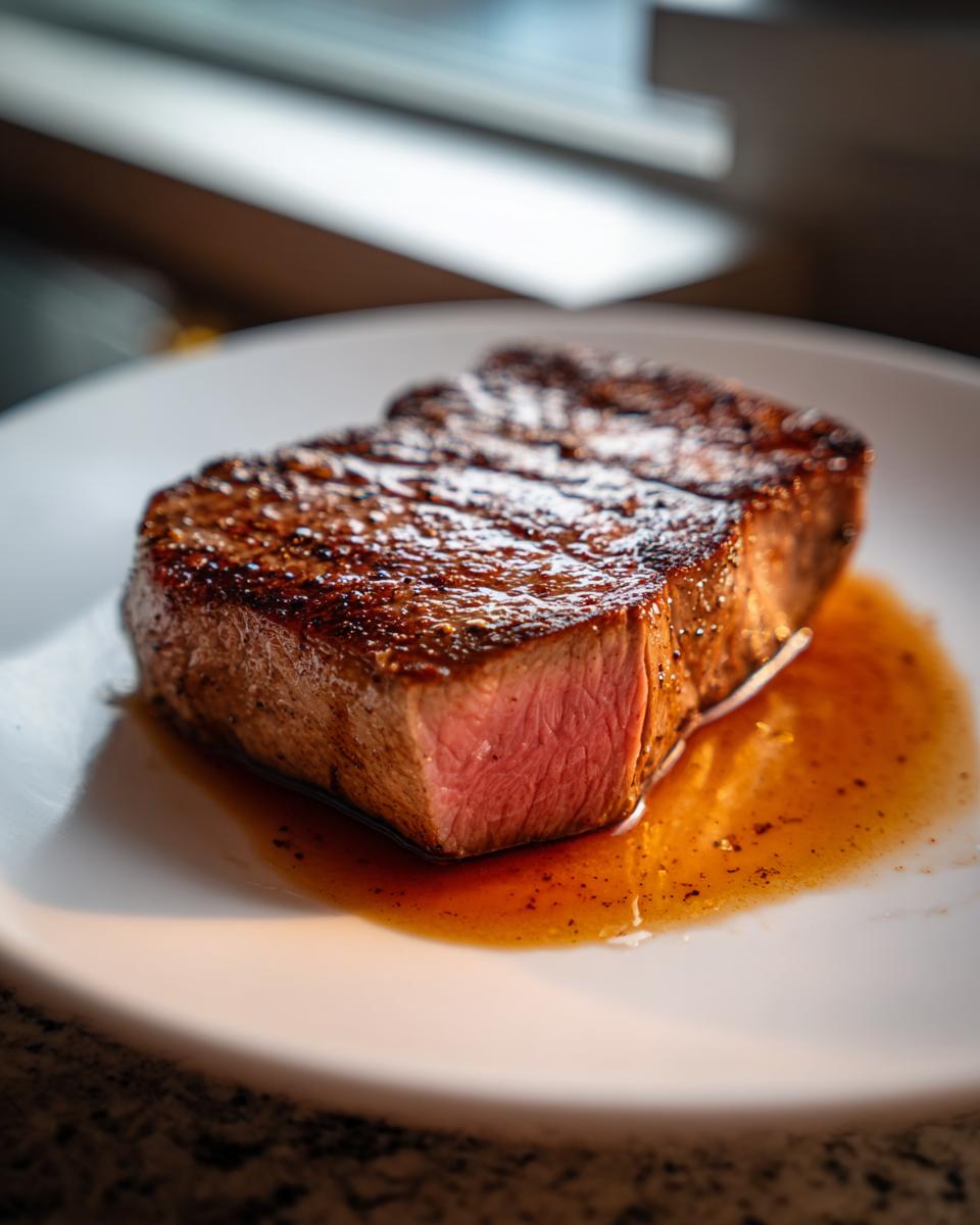 Close-up of a perfectly seared steak, medium-rare, resting in its juices, illustrating the results of a great MARINADE FOR TUNA STEAK.