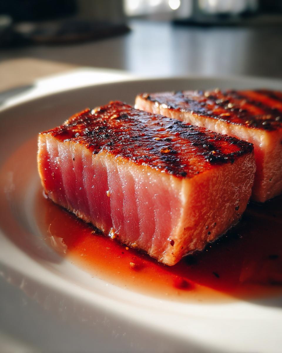 Close-up of two seared tuna steak portions resting in a pool of red marinade on a white plate.