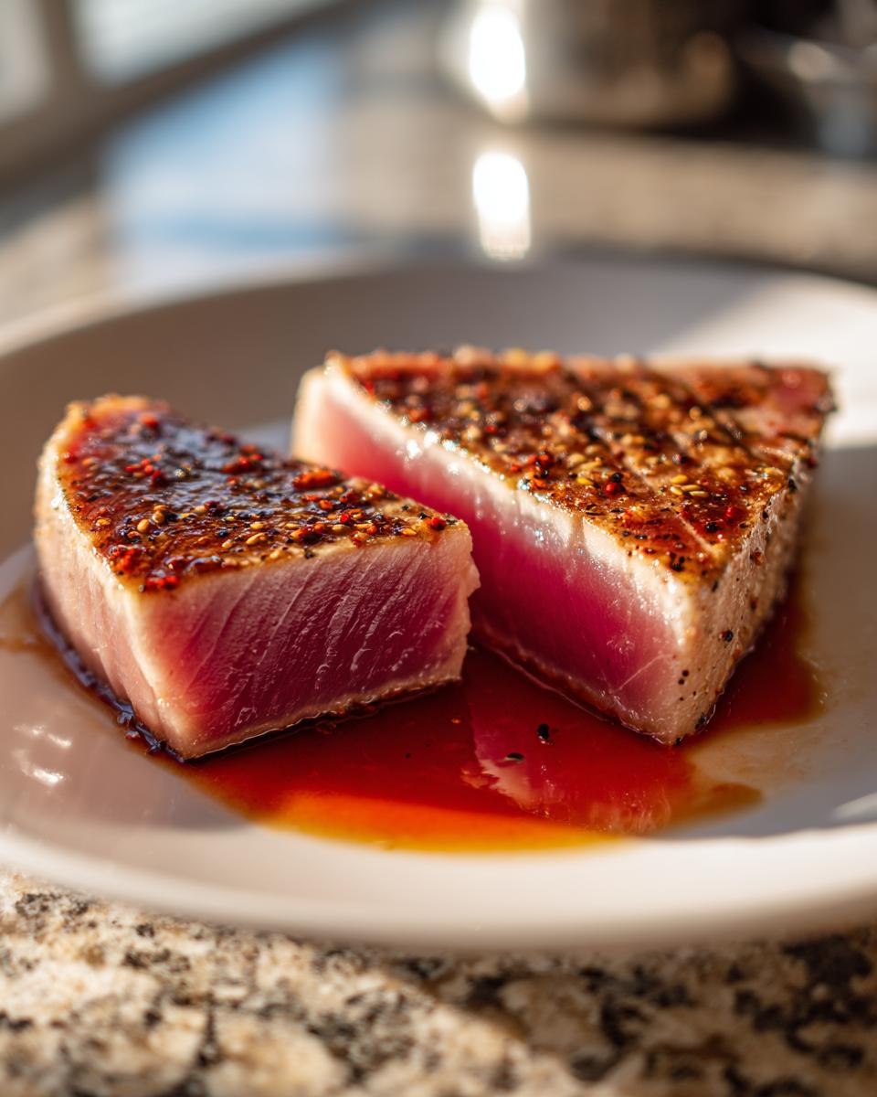 Two thick slices of seared tuna steak, rare inside, covered in a flavorful spice rub and marinade.