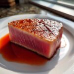 Close-up of a perfectly seared tuna steak, rare in the center, resting in red marinade juices on a white plate.