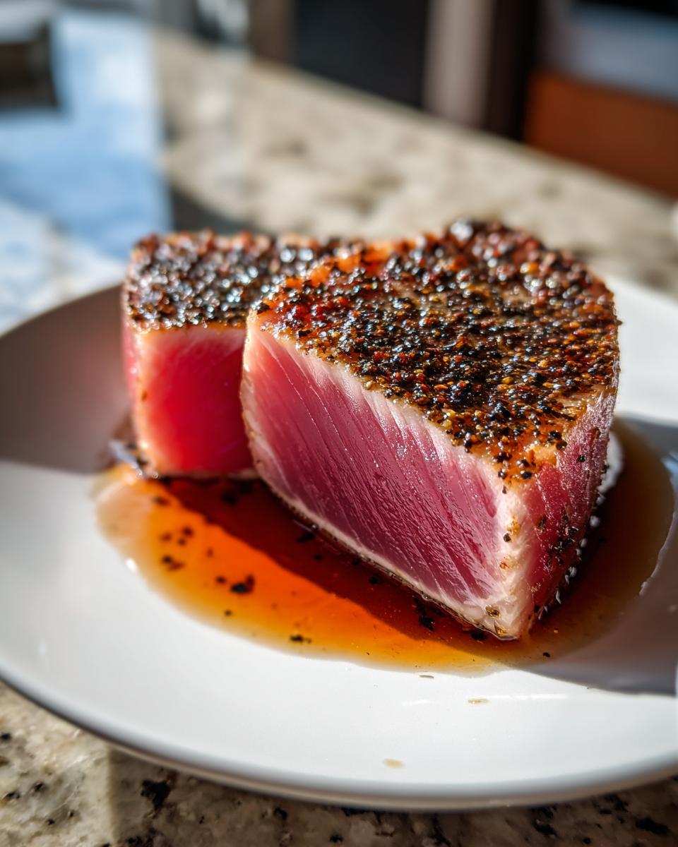 Two thick slices of seared tuna steak, rare in the center, coated in a dark spice crust, resting in a pool of marinade.