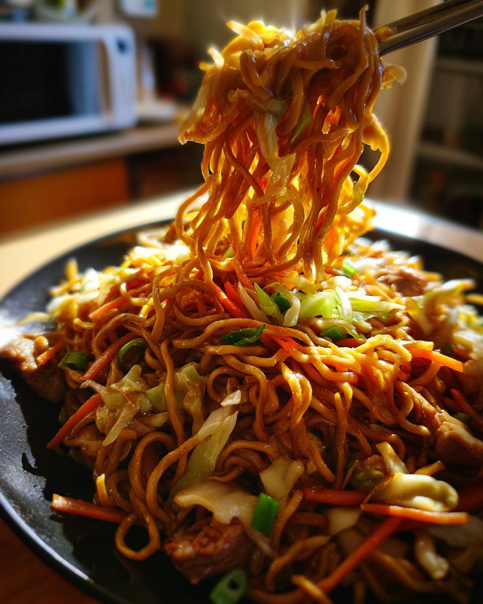 Chopsticks lifting saucy noodles from a plate of homemade chicken chow mein recipe with shredded cabbage and carrots.