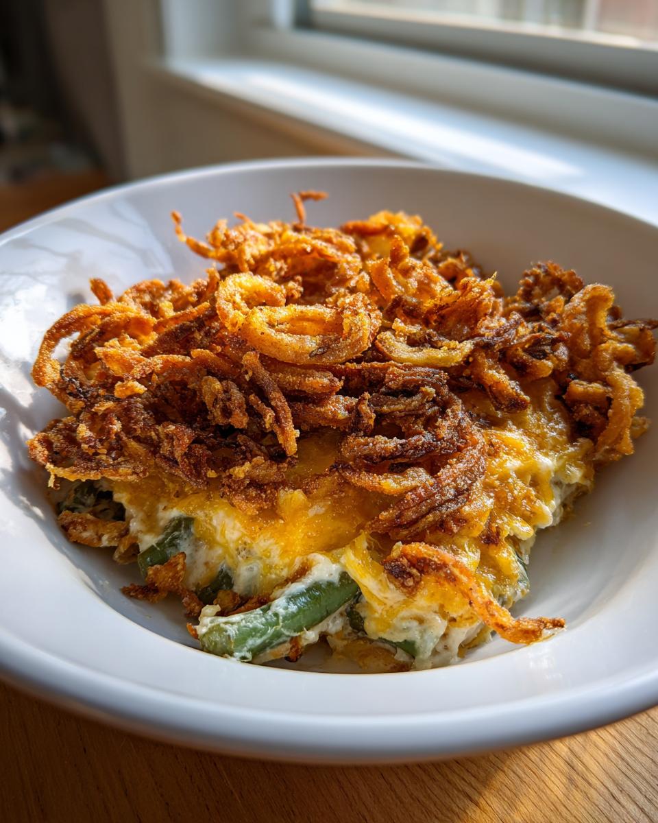 A serving of rich green bean casserole topped generously with crispy fried onions in a white bowl.