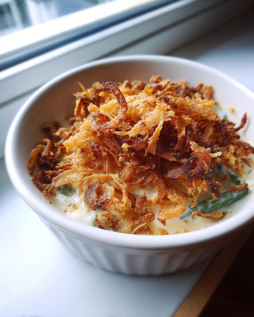 Close-up of a single serving of creamy green bean casserole topped generously with crispy fried onions.