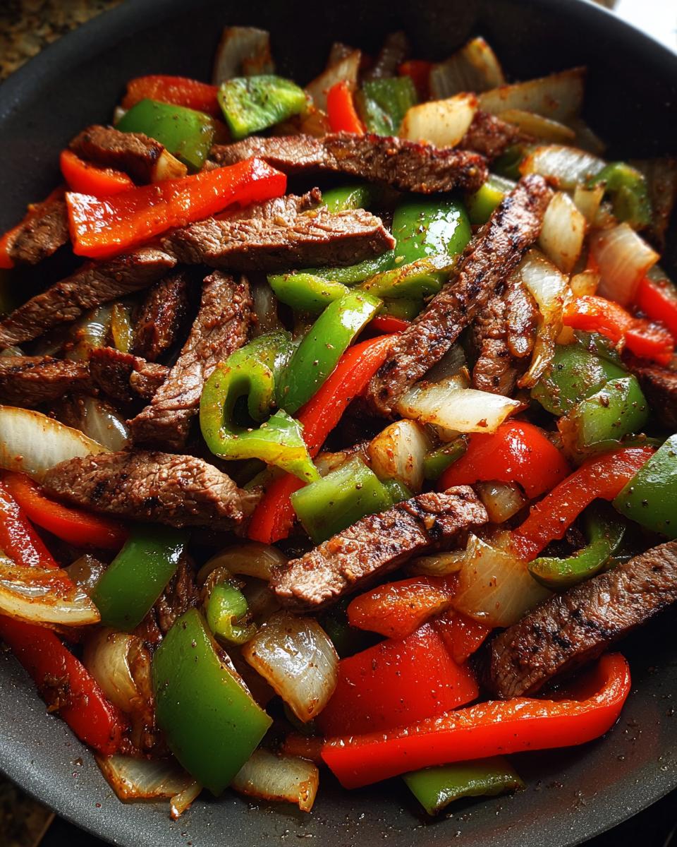 Close-up of sizzling steak fajitas with strips of browned steak, red and green bell peppers, and onions in a dark skillet.