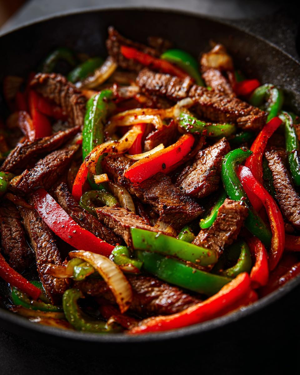 Close-up of sizzling steak fajitas with strips of seasoned beef, red and green bell peppers, and onions in a dark skillet.