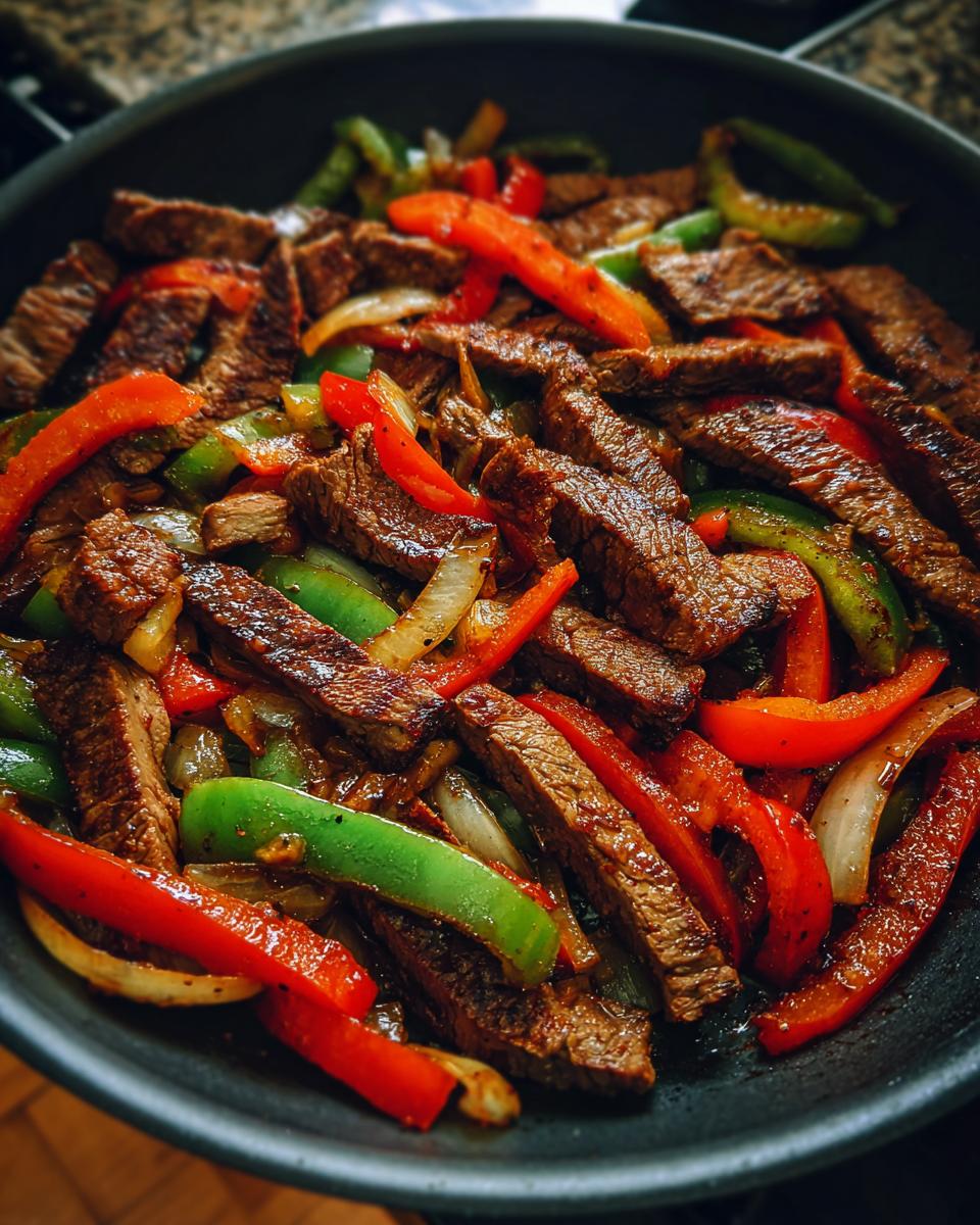 Close-up of sizzling steak fajitas featuring strips of seasoned beef mixed with vibrant red and green bell peppers and onions in a dark skillet.