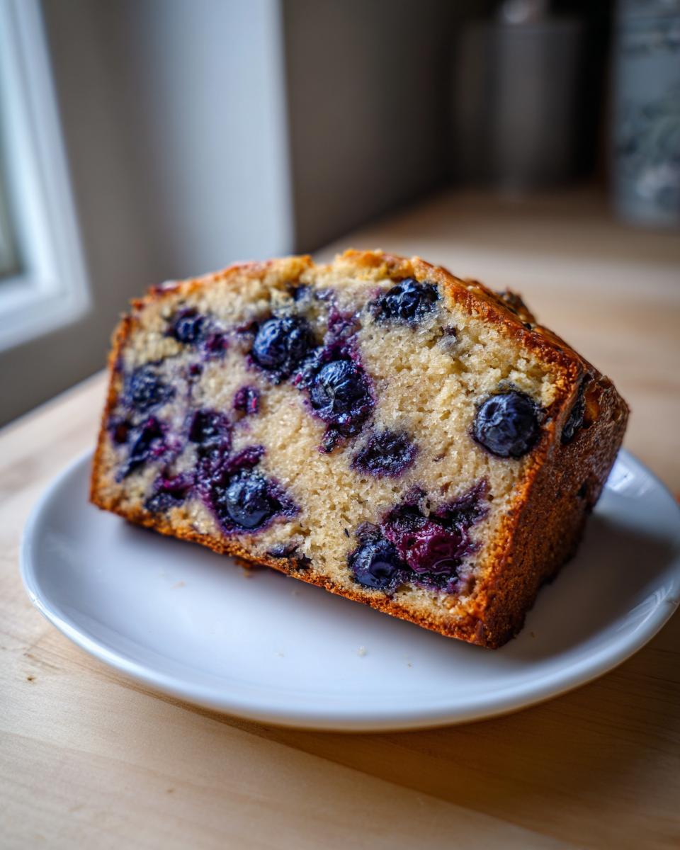 A close-up of a thick slice of moist blueberry banana bread packed with fresh blueberries, served on a small white plate.