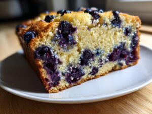 Close-up of a thick slice of moist blueberry banana bread showing bright yellow crumb and bursting purple blueberries.
