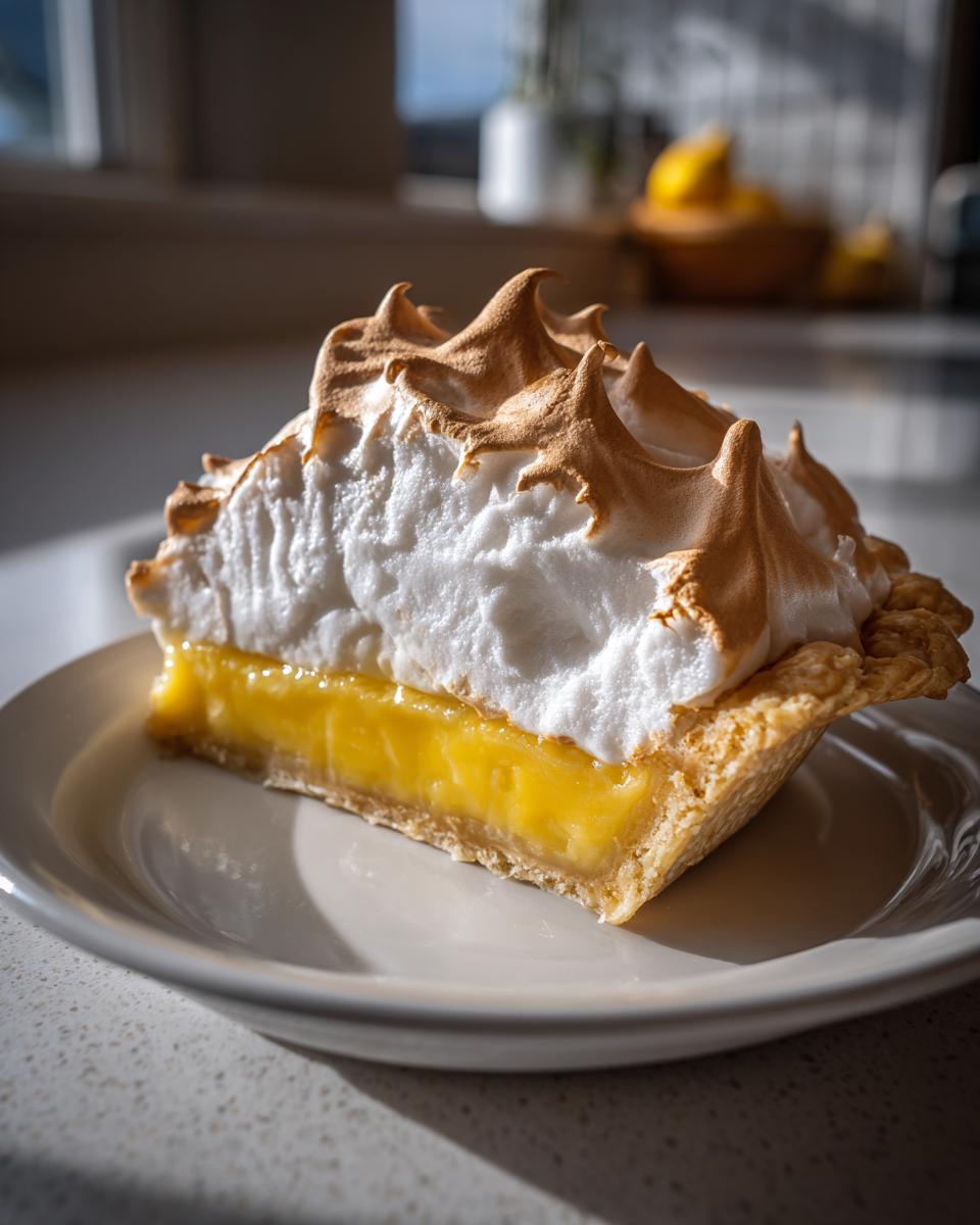 A close-up of a slice of lemon meringue pie showing bright yellow filling and tall, toasted meringue peaks.