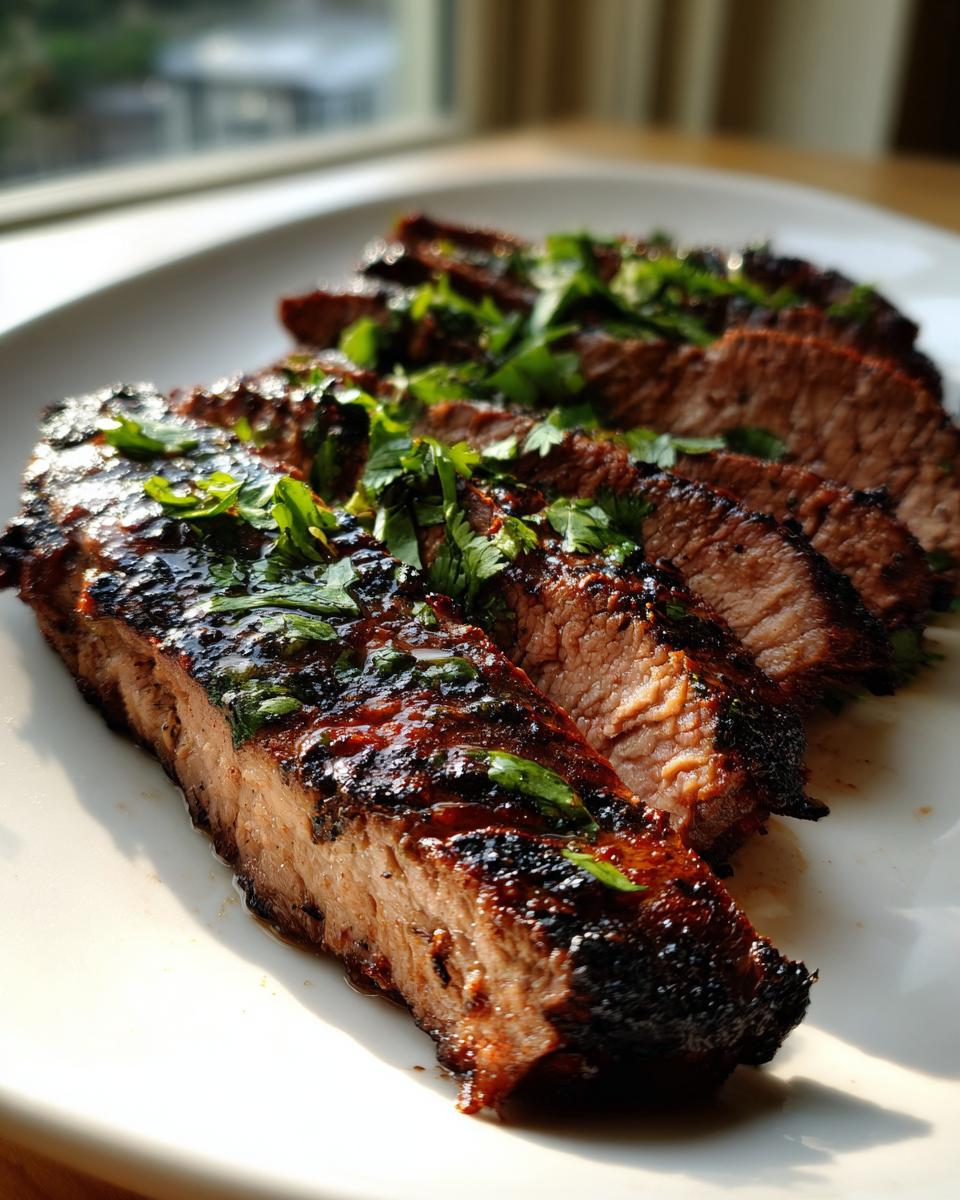 Close-up of sliced, grilled steak coated in a dark glaze, seasoned with fresh cilantro, showcasing the results of the carne asada marinade.