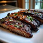 Close-up of juicy, sliced carne asada steak showing a rich glaze, likely from the carne asada marinade.