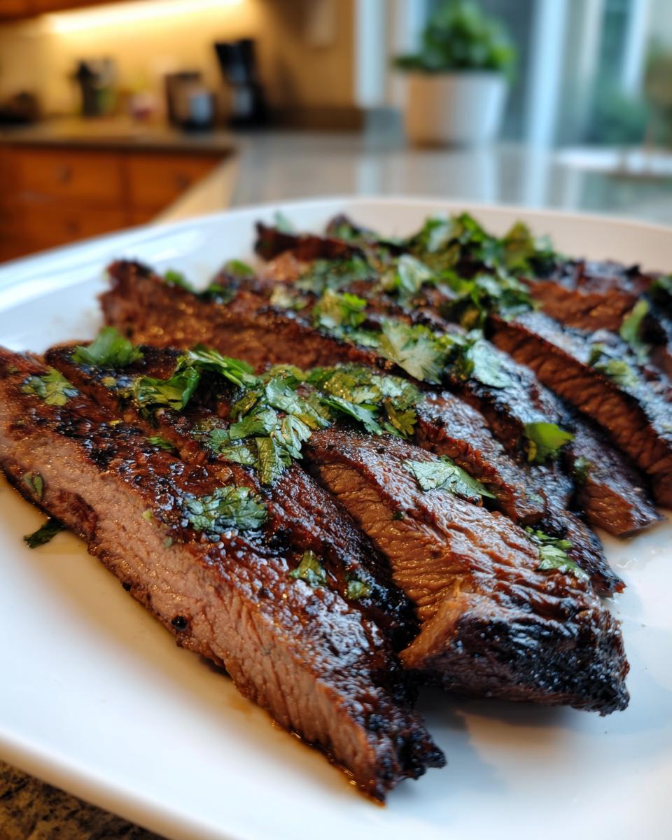 Close-up of sliced, grilled steak topped with cilantro, showing the juicy interior achieved with the carne asada marinade.