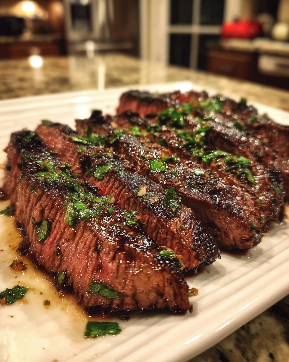 Close-up of sliced steak, glistening with juices from the carne asada marinade and topped with fresh cilantro.