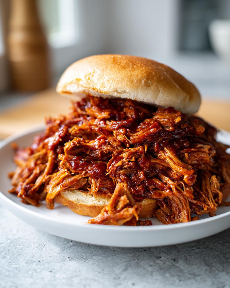 A close-up of a generous portion of saucy Slow Cooker Pulled Pork piled high on a bun served on a white plate.