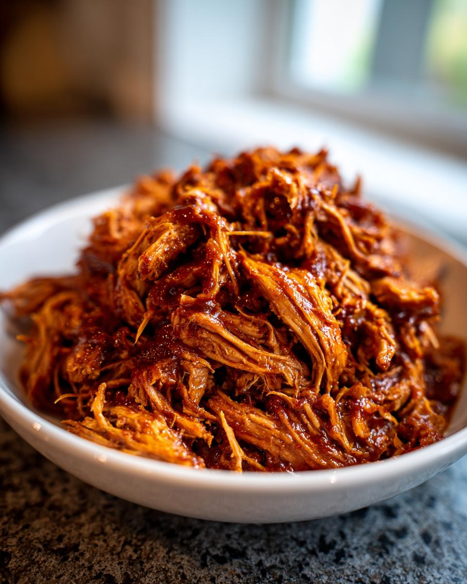 Close-up of a white bowl filled with moist, saucy Slow Cooker Pulled Pork shreds.