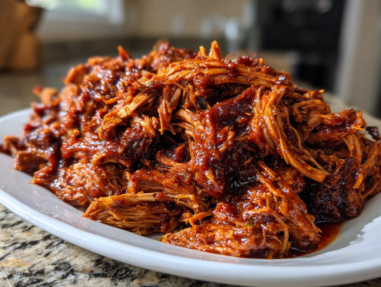 Close-up of a generous pile of saucy, shredded Slow Cooker Pulled Pork on a white serving platter.