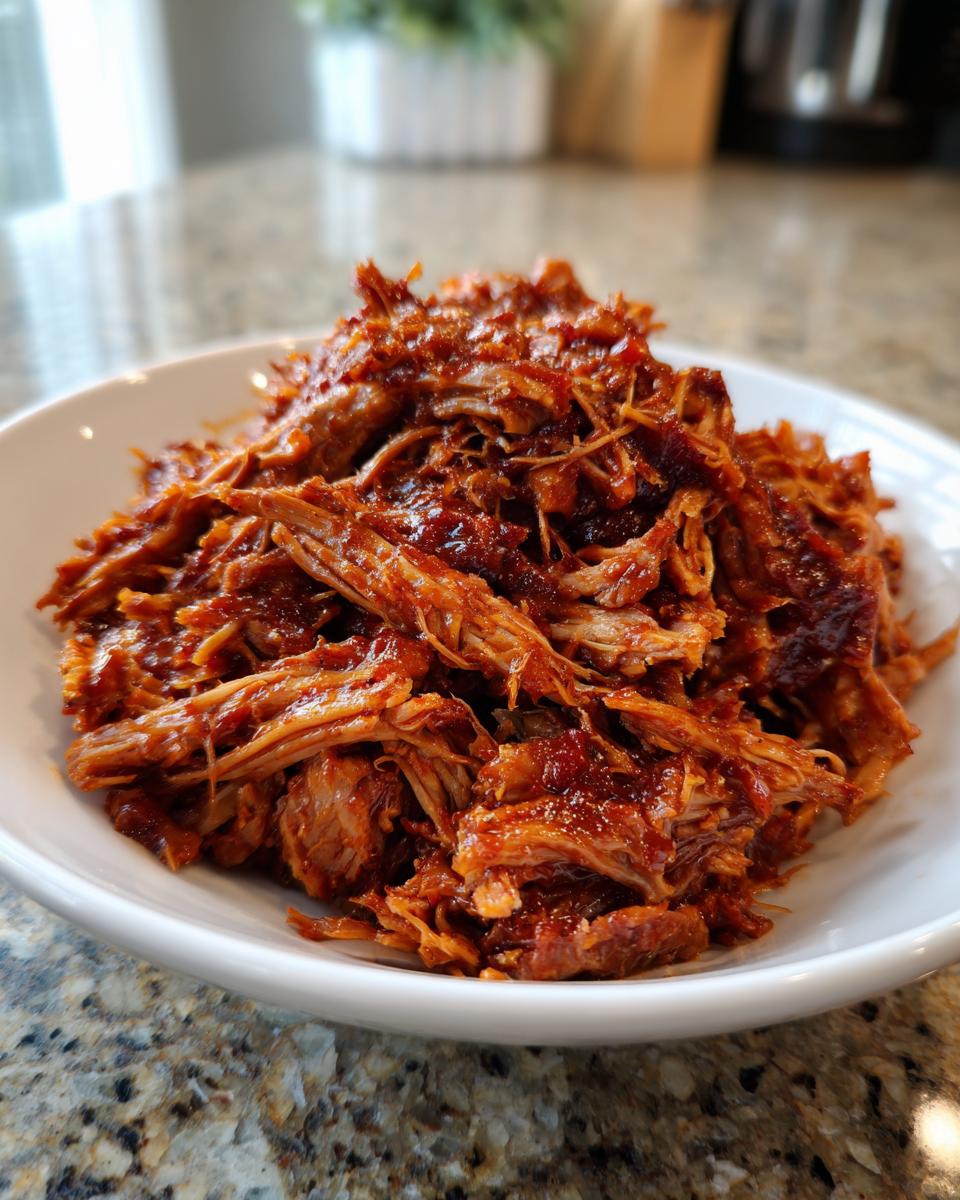 A close-up of tender, saucy Slow Cooker Pulled Pork shredded and piled high in a white bowl.
