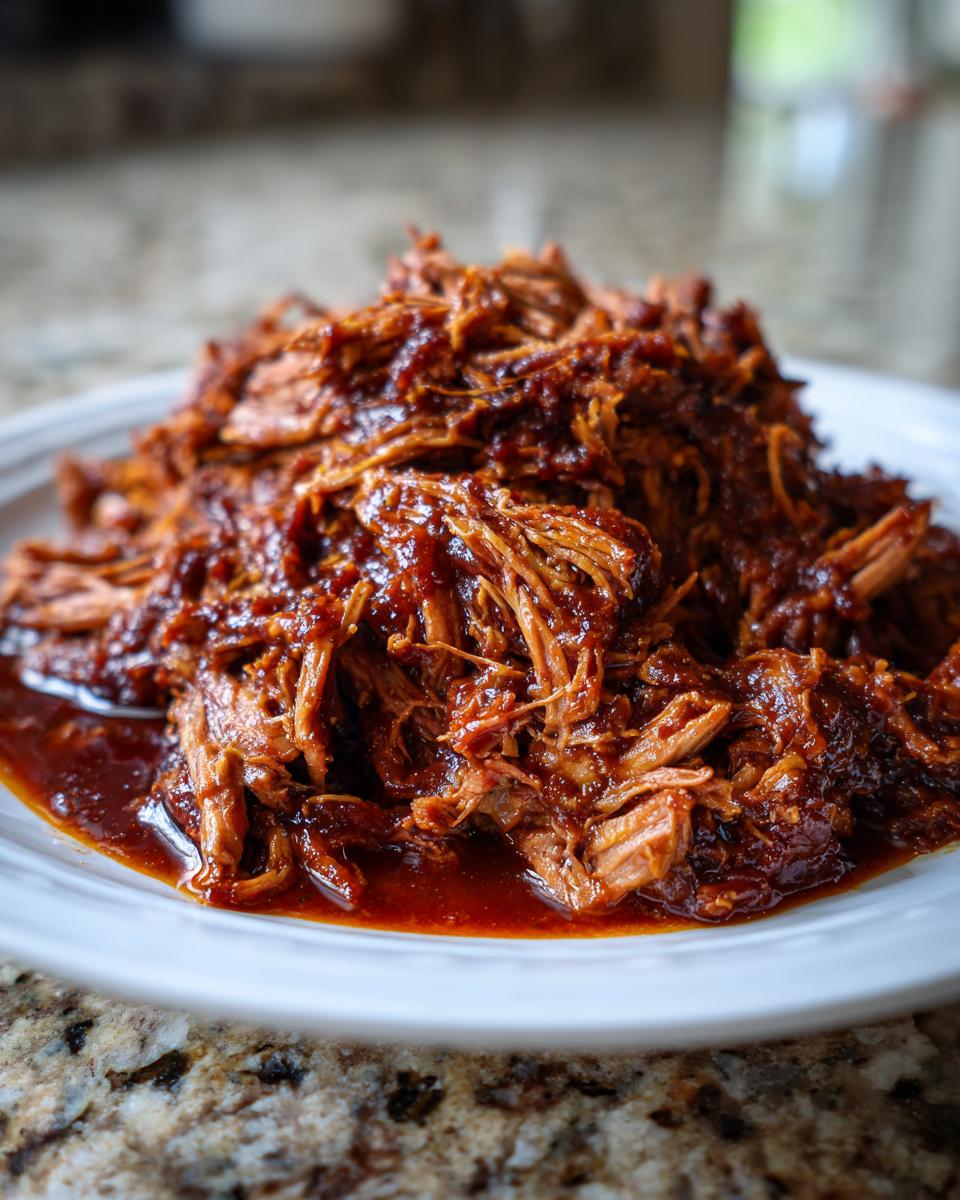 Close-up of a mound of saucy, shredded Slow Cooker Pulled Pork on a white plate.