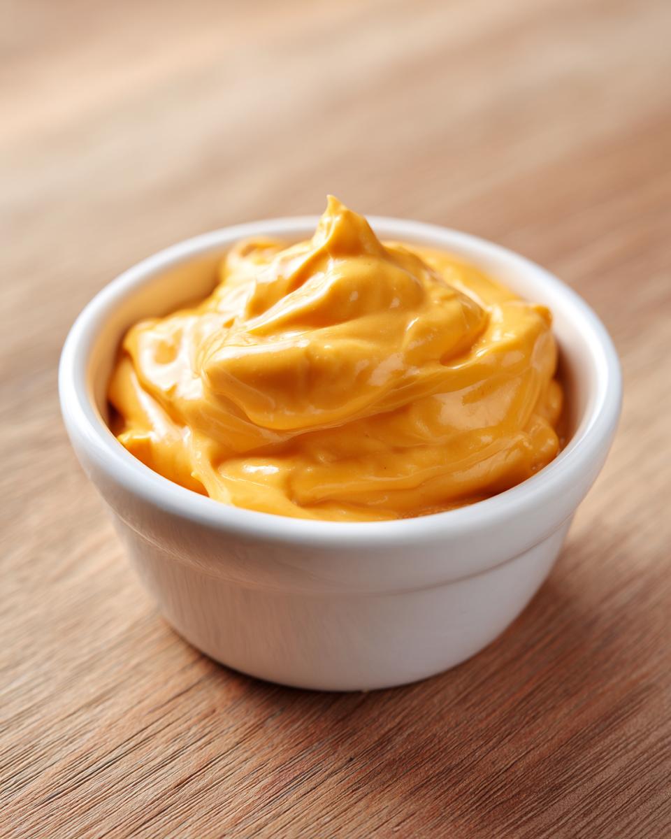 A close-up of smooth, vibrant orange homemade nacho cheese sauce swirled in a small white ramekin on a wooden surface.