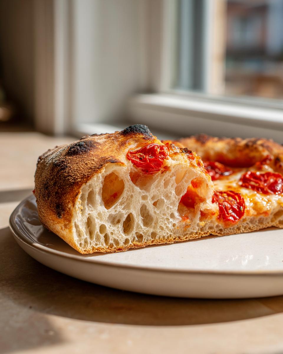 Close-up of a slice of pizza made with sourdough discard pizza dough, showing an airy, open crumb structure.
