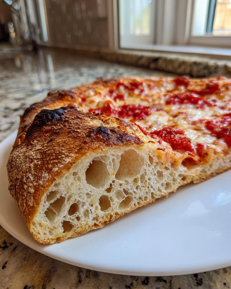Close-up of a slice of pizza showing the airy, open crumb structure of the sourdough discard pizza dough.