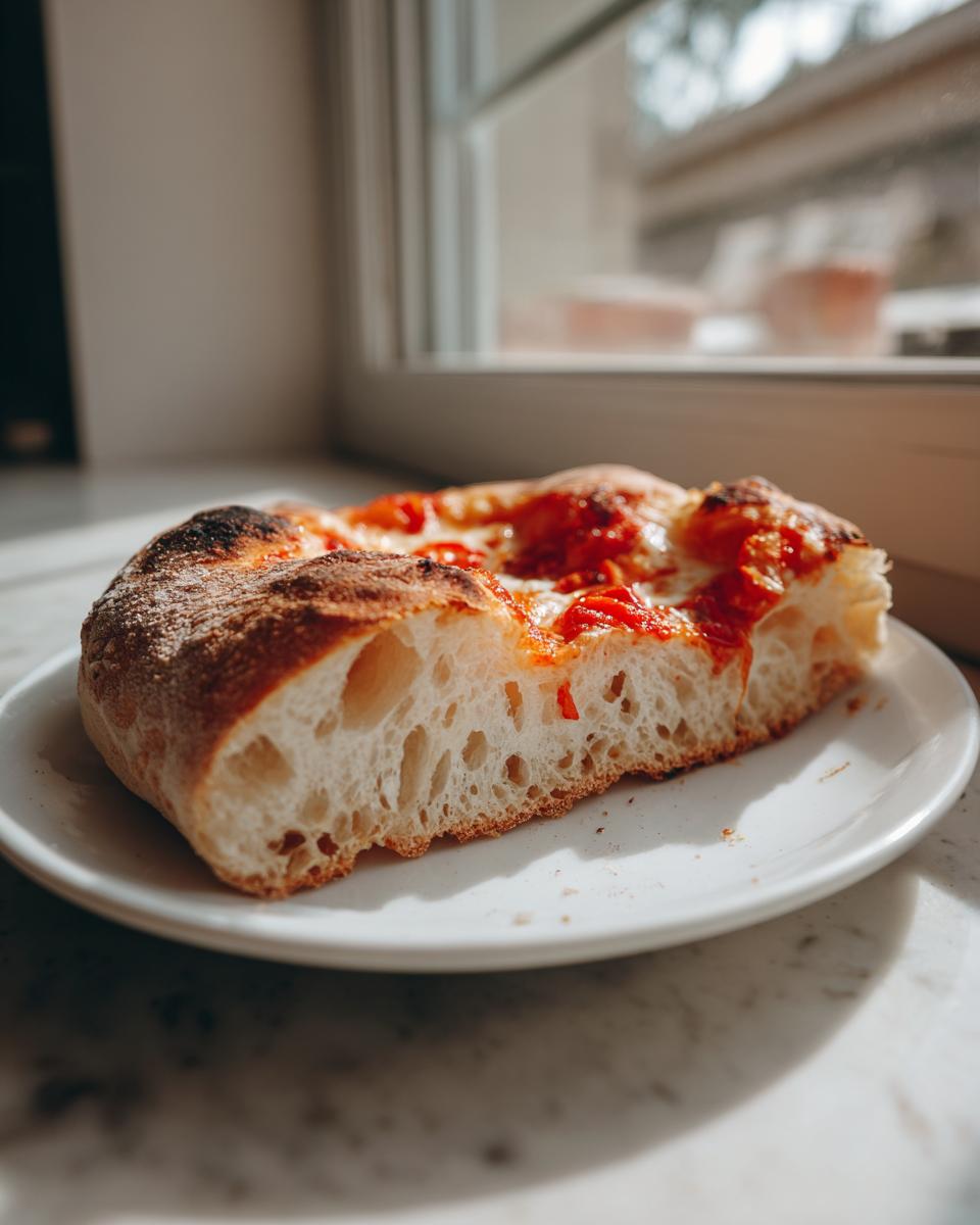 Close-up of a thick slice of pizza made with sourdough discard pizza dough, showing an airy, open crumb structure.