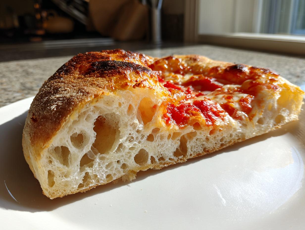 Close-up of a slice of pizza made with sourdough discard pizza dough, showing a beautiful open, airy crumb structure.
