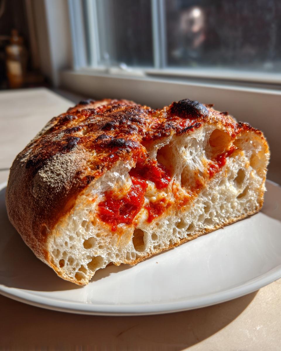 Cross-section of a thick, airy slice made from sourdough discard pizza dough topped with bright red sauce.