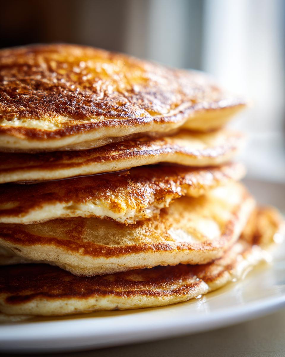 Close-up shot of a tall stack of perfectly golden brown fluffy pancakes drizzled with syrup.