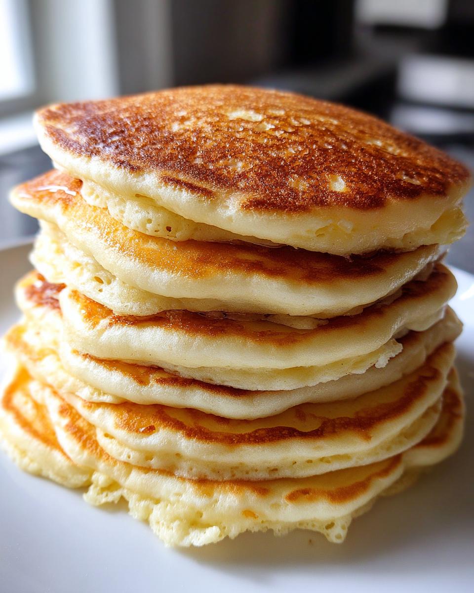 A tall stack of six golden brown, perfectly cooked fluffy pancakes on a white plate.