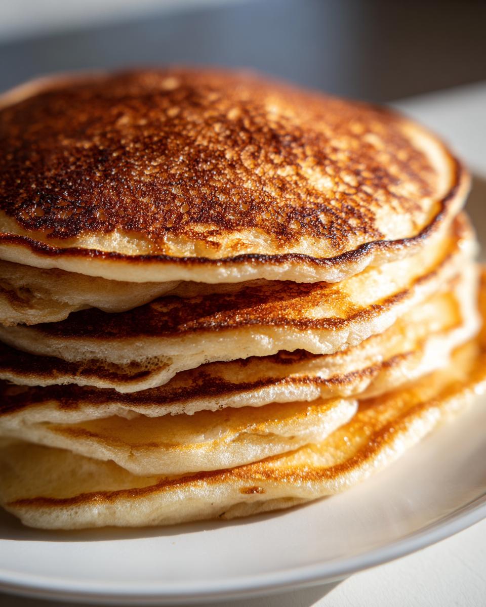Close-up of a tall stack of golden brown, fluffy pancakes sitting on a white plate.