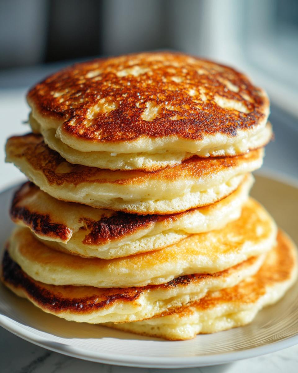 A tall stack of five perfectly cooked, fluffy pancakes with golden brown, slightly crispy edges.