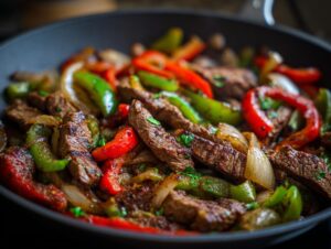 Close-up of sizzling steak fajitas with strips of seasoned beef, red and green bell peppers, and onions in a dark skillet.