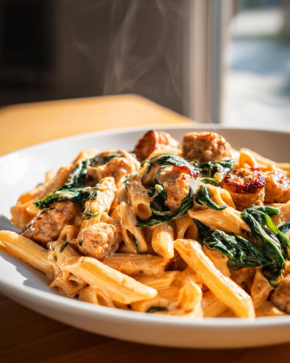 Close-up of a steaming white bowl filled with creamy chicken sausage pasta and wilted spinach.