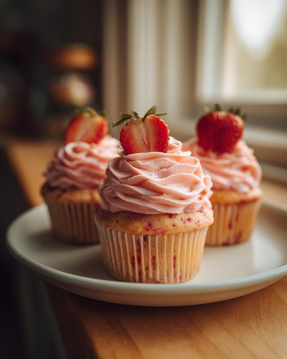 Three delicious strawberry cupcakes with swirls of pink frosting, each topped with a fresh strawberry half.