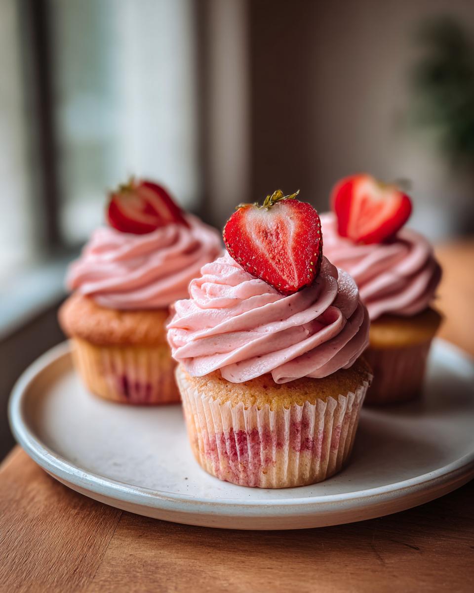 Three delicious strawberry cupcakes with swirled pink frosting, topped with fresh strawberry halves.