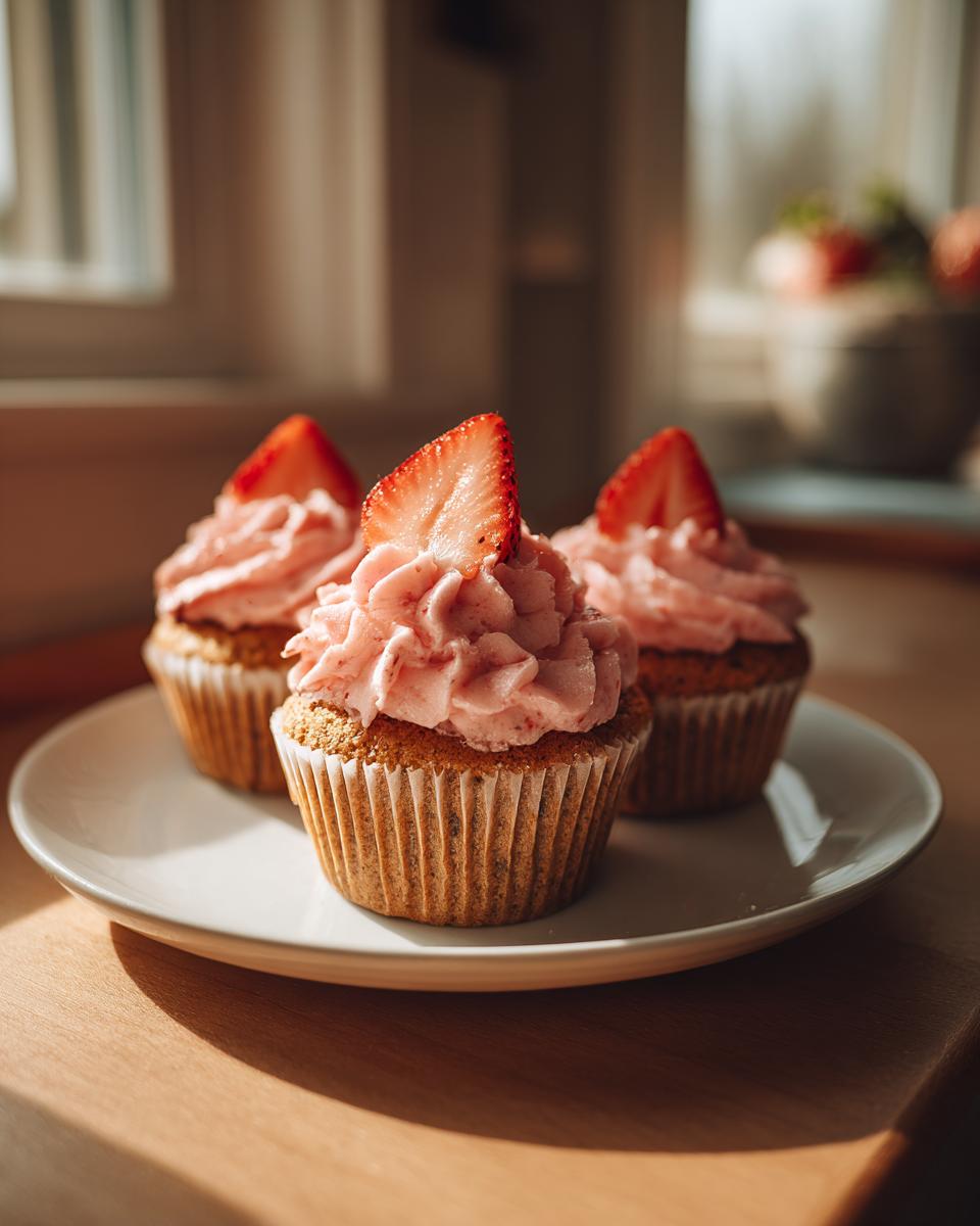 Three delicious strawberry cupcakes with pink frosting and fresh strawberry slices on top, sitting on a white plate.