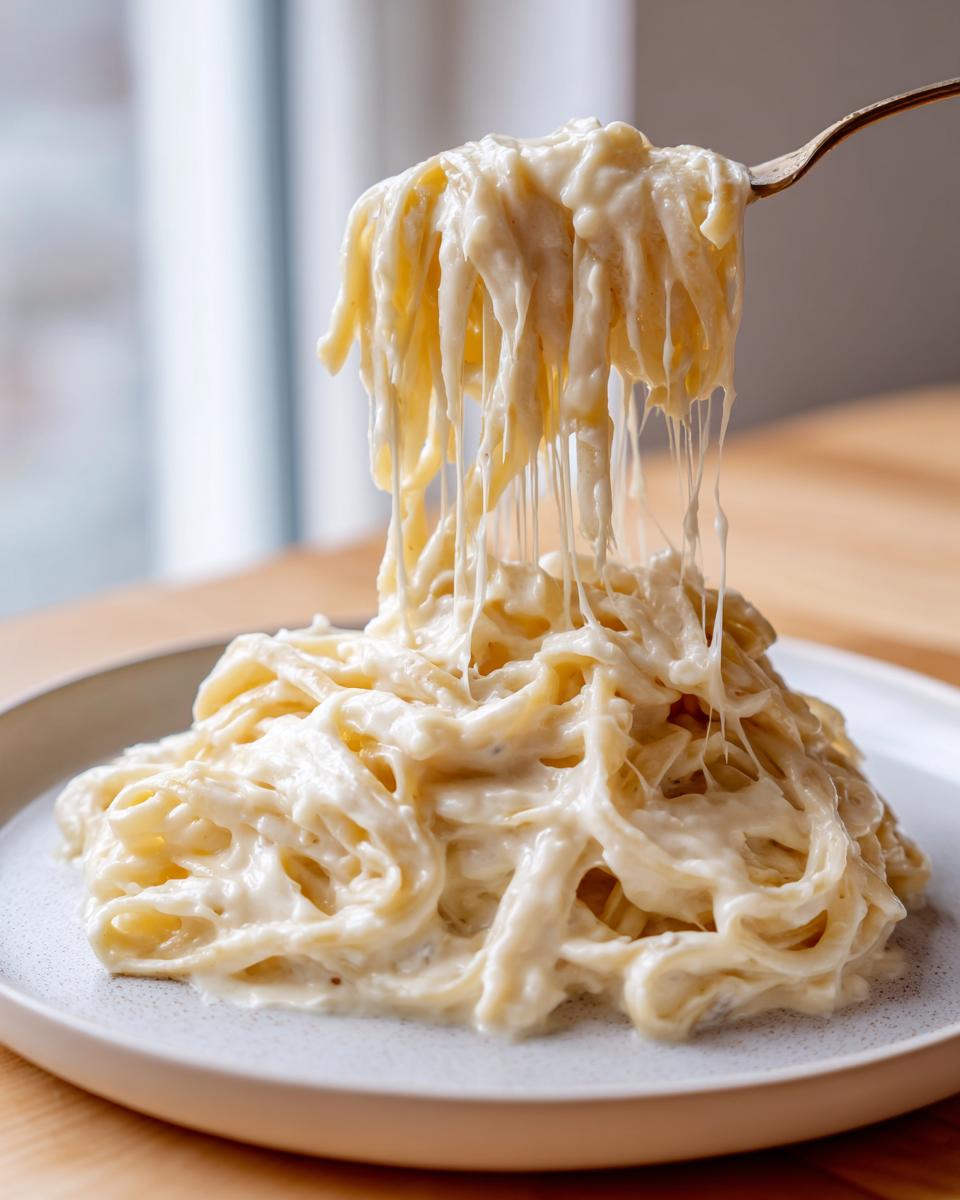 A fork lifts fettuccine noodles coated in thick, creamy homemade alfredo sauce, showing long cheese stretches.
