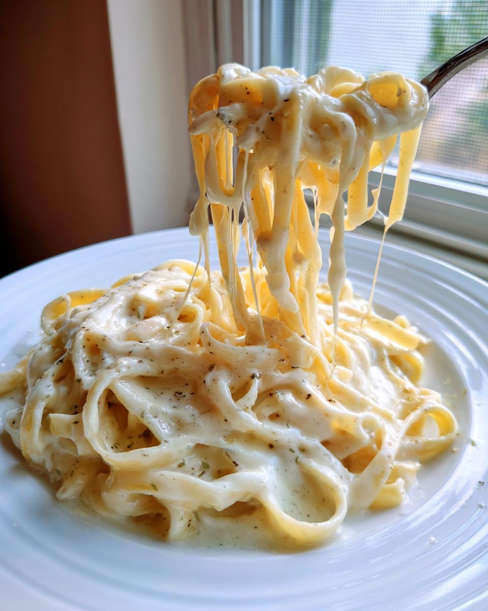 Close-up of fettuccine noodles being lifted from a plate, coated in creamy Olive Garden Alfredo sauce with visible herbs and pepper.