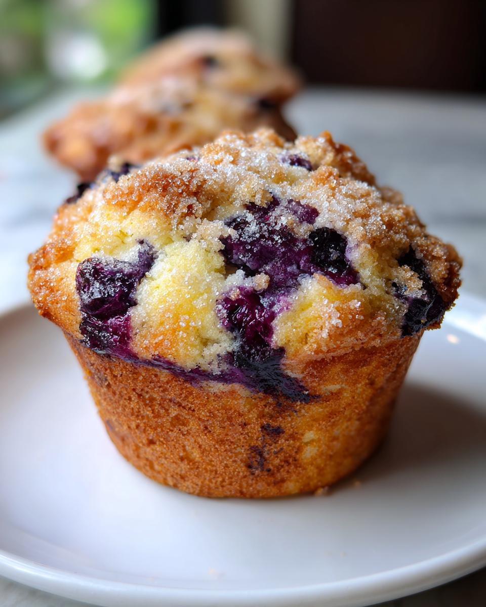 A close-up of a freshly baked blueberry muffin topped with coarse sugar, showcasing juicy blueberries.