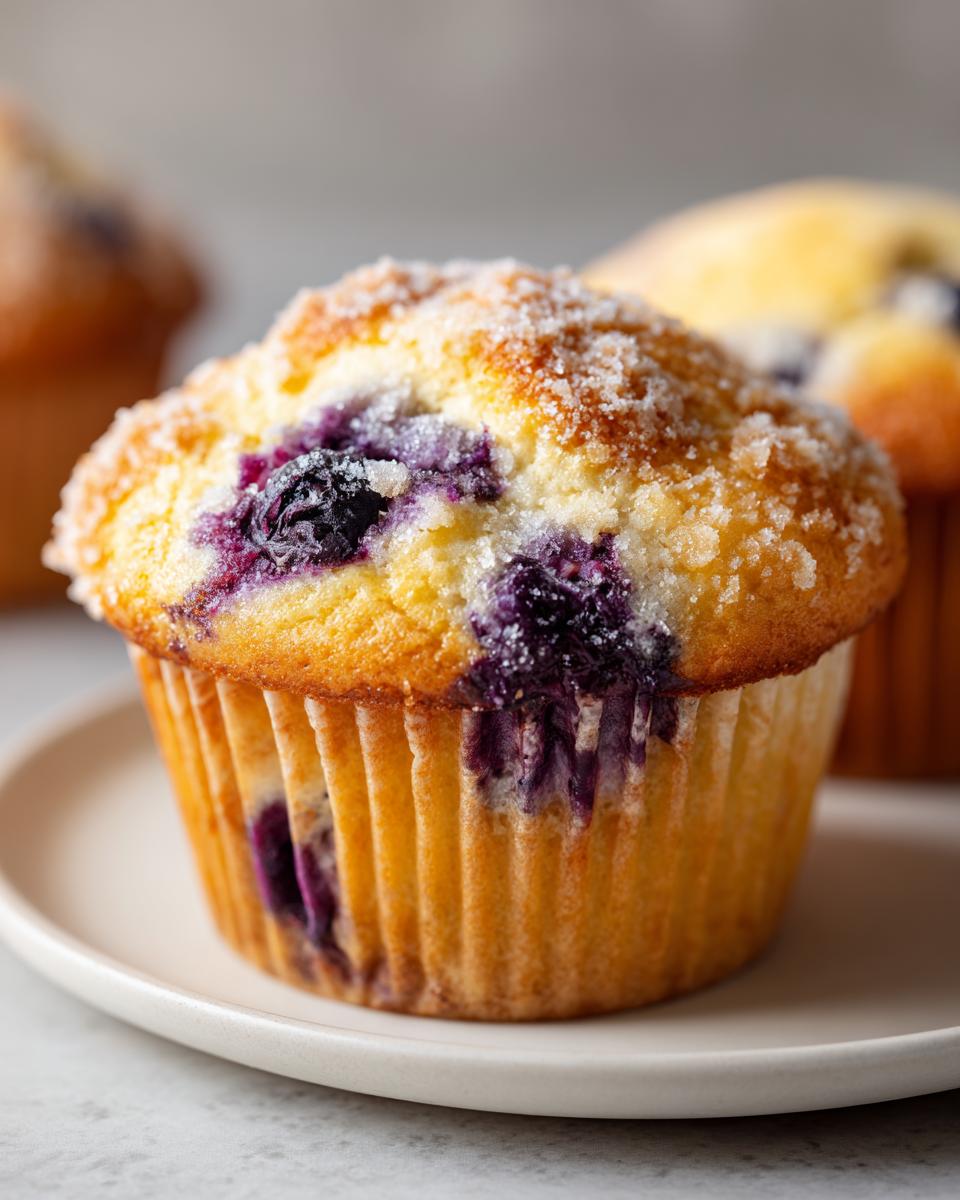 A close-up of a freshly baked blueberry muffin topped with coarse sugar, sitting on a small plate.