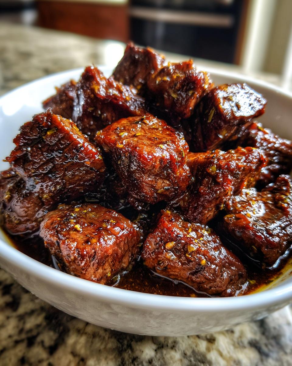 Close-up of tender, dark brown cubes of crockpot steak coated in a rich, savory sauce with visible spices.